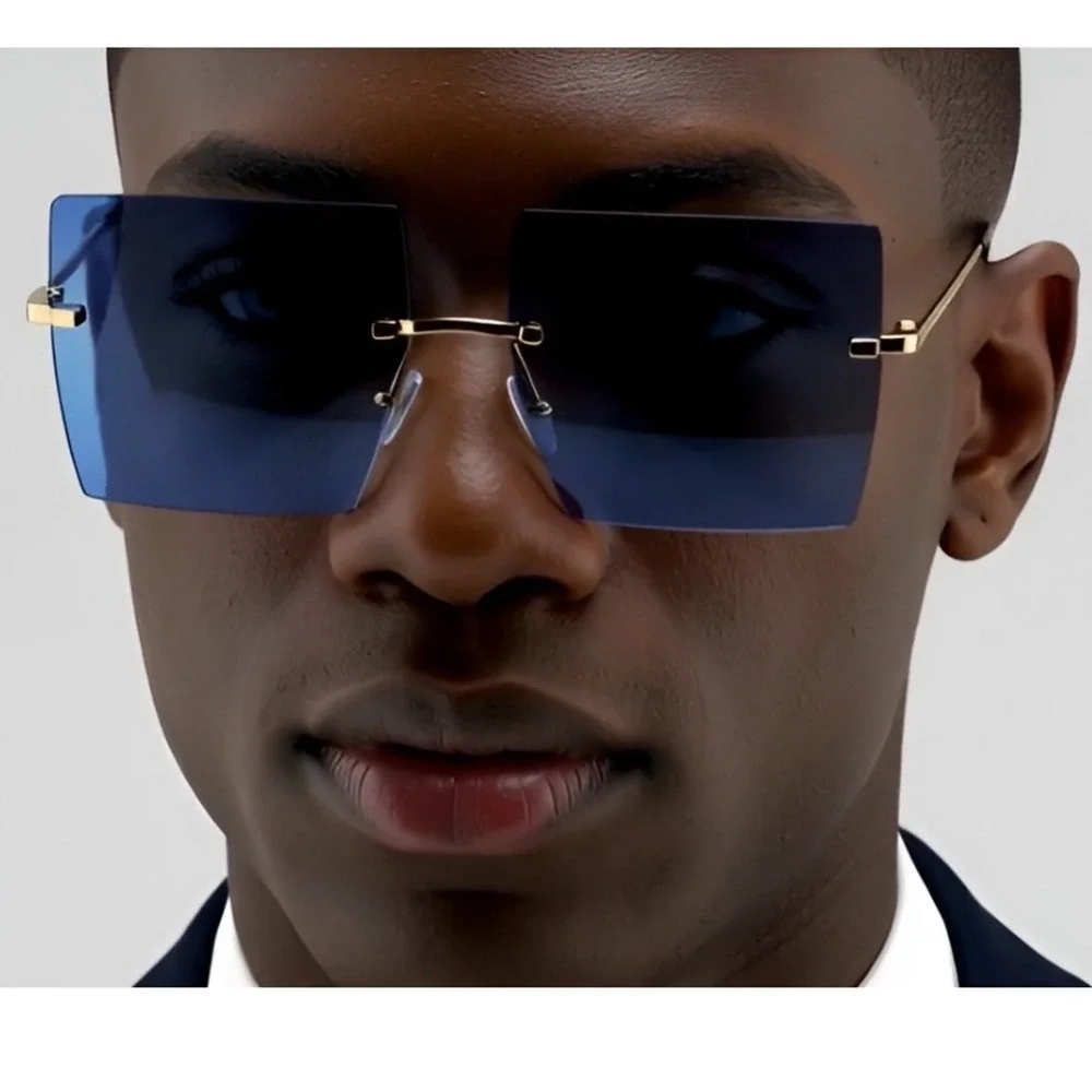 Rimless Sunglasses Square Blue Lens Gold Accents Fashion Trendy Men‎ Sun Glasses